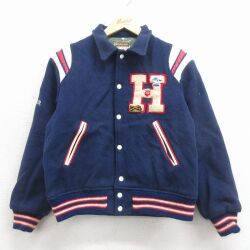 古着 長袖 スタジャン キッズ ボーイズ 子供服 80年代 80s H レザー使用 紺 内側キルティング 26jan09