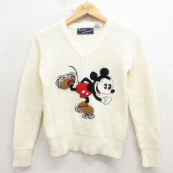 古着 長袖 セーター キッズ 子供服 80年代 80s ディズニー ミッキー アクリル Vネック 白系【spe】 26jan31