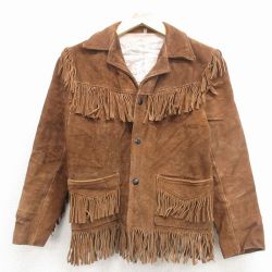 古着 長袖 スエード レザー ジャケット キッズ ボーイズ 子供服 80年代 80s フリンジ 茶 26feb04