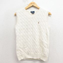 古着 ラルフローレン ブランド ケーブル ニット ベスト キッズ ボーイズ 子供服 90年代 90s ワンポイントロゴ コットン Vネック 白 26feb04