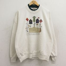 古着 ジャージーズ 長袖 スウェット レディース 90年代 90s 鳥箱 犬 刺繍 大きいサイズ クルーネック USA製 生成り 24aug28 中古 スエット トレーナー トップス