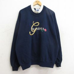 古着 長袖 スウェット レディース 90年代 90s グランマ バラ 刺繍 大きいサイズ クルーネック USA製 紺 ネイビー 24sep28 中古 スエット トレーナー トップス