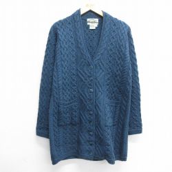 古着 長袖 アラン フィッシャーマン ケーブル ニット カーディガン レディース 90年代 90s　ロング丈 メリノウール アイルランド製 紺 ネイビー 24oct07 中古 トップス
