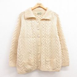 古着 長袖 アラン フィッシャーマン ケーブル ニット カーディガン レディース 80年代 80s 手編み ハンドニット ラグラン ウール 襟付き 生成り 24oct11 中古 トップス