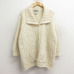 古着 長袖 アラン フィッシャーマン ケーブル ニット カーディガン レディース 90年代 90s 襟付き 大きいサイズ メリノウール アイルランド製 白 ホワイト 24oct16 中古 トップス