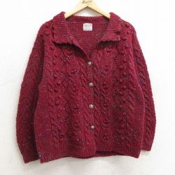 古着 長袖 ケーブル ニット カーディガン レディース 90年代 90s 襟付き 手編み ハンドニット エンジ他 24oct17 中古 トップス