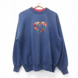古着 長袖 スウェット レディース 00年代 00s 葉 ハート 刺繍 モックネック ハイネック 紺他 ネイビー 24oct18 中古 スエット トレーナー トップス