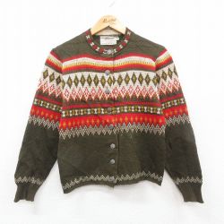 古着 長袖 ニット カーディガン レディース 70年代 70s フェアアイル ウール 濃緑他 グリーン 24oct22 中古 トップス