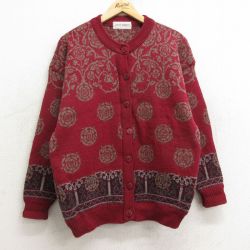 古着 長袖 ニット カーディガン レディース 90年代 90s 花 ウール イギリス製 エンジ系 24oct23 中古 トップス