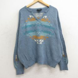 古着 ペンドルトン PENDLETON 長袖 セーター レディース ネイティブ柄 ラグ柄 大きいサイズ コットン Vネック 薄紺 ネイビー 24oct30 中古 ニット トップス