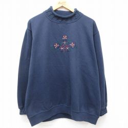 【50%OFF】古着 長袖 スウェット レディース 90年代 90s 刺繍 大きいサイズ モックネック ハイネック 濃紺 ネイビー 24dec20 中古 スエット トレーナー トップス