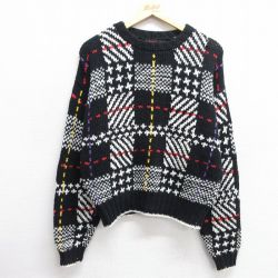 【50%OFF】古着 Liz Sport 長袖 セーター レディース 90年代 90s コットン クルーネック 黒 ブラック チェック 25jan09 中古 ニット トップス
