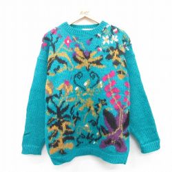 古着 長袖 セーター レディース 00年代 00s 花 モヘアウール 大きいサイズ クルーネック 青緑 25jan11 中古 ニット トップス
