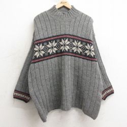 古着 EMS 長袖 ノルディック セーター レディース 90年代 90s 雪柄 大きいサイズ ウール モックネック ハイネック アイルランド製 グレー他 25jan11 中古 ニット トップス