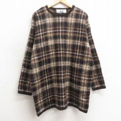 【20%OFF】古着 長袖 セーター レディース 90年代 90s ロング丈 大きいサイズ モヘア クルーネック デッドストック 茶他 ブラウン チェック 25jan11 中古 ニット トップス