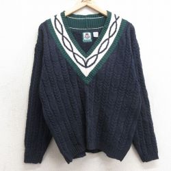 【50%OFF】古着 IZOD 長袖 チルデン ケーブル セーター レディース 90年代 90s コットン Vネック 紺他 ネイビー 25jan14 中古 ニット トップス