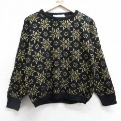 【50%OFF】古着 長袖 セーター レディース 90年代 90s 雪柄 クルーネック USA製 黒他 ブラック 25jan25 中古 ニット トップス