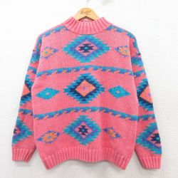 【20%OFF】古着 長袖 セーター レディース 00年代 00s ネイティブ柄 ラグ柄 モックネック ハイネック ピンク他 25mar07 中古 ニット トップス