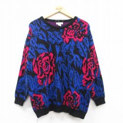 古着 長袖 セーター レディース 00年代 00s バラ アクリル クルーネック 青他 ブルー 25mar07 中古 ニット トップス