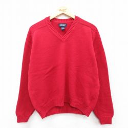 古着 ランズエンド 長袖 セーター レディース 90年代 90s 無地 大きいサイズ コットン Vネック USA製 赤 レッド 25mar28 中古 ニット トップス