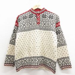 古着 エルエルビーン 長袖 ノルディック セーター レディース 90年代 90s 雪柄 バーズアイ ヘンリーネック USA製 薄ベージュ他 25nov17
