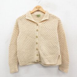 古着 長袖 ニット カーディガン レディース 80年代 80s 手編み ハンドニット ウール アイルランド製 生成り 25nov22