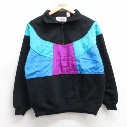 古着 長袖 ハーフジップ スウェット レディース 90年代 90s 黒他 25dec09