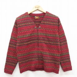 古着 長袖 ニット カーディガン レディース 90年代 90s フェアアイル USA製 赤他 25dec23