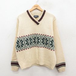 古着 ランズエンド 長袖 ノルディック セーター レディース 90年代 90s 雪柄 ウール Vネック USA製 生成り他 26jan07