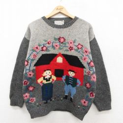古着 長袖 セーター レディース 80年代 80s 家 花 シェットランドウール クルーネック スコットランド製 グレー 霜降り他 26jan07