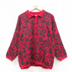 古着 ベネトン 長袖 セーター レディース 80年代 80s 総柄 襟付き ウール アルパカ イタリア製 赤 26jan10