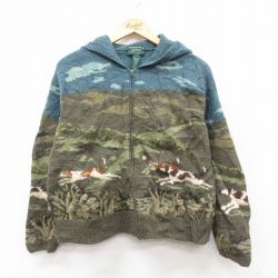 古着 ラルフローレン 長袖 ブランド フルジップ ニット カーディガン パーカー レディース 犬 手編み ハンドニット ラムウール 薄紺他【spe】 26jan10