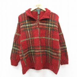 古着 ラルフローレン 長袖 ブランド ハーフジップ セーター レディース 手織り ハンドニット ウール 赤他 チェック【spe】 26jan10