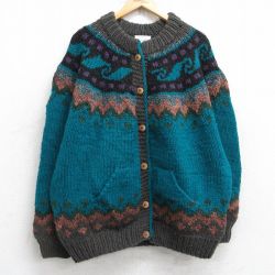 古着 長袖 ニット カーディガン レディース ロパペイサ 手編み ハンドニット 大きいサイズ ラムウール 緑他【spe】 26jan16