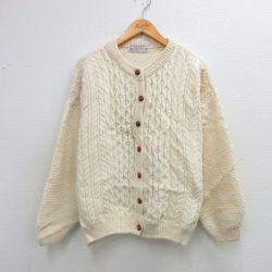 古着 長袖 アラン フィッシャーマン ケーブル ニット カーディガン レディース 90年代 90s 大きいサイズ ウール スコットランド製 生成り 26feb05