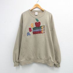 古着 ジャージーズ  スウェット レディース 90年代 90s リンゴ 本 刺繍 大きいサイズ クルーネック USA製 ベージュ 26mar27