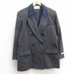 【50%OFF】古着 長袖 テーラード ジャケット レディース 90年代 90s 襟レザー ウール デッドストック 濃グレー他 チェック 25jan11 中古 アウター ジャンパー ブルゾン