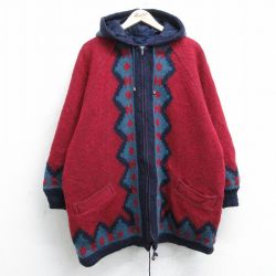 古着 長袖 ウール ジャケット パーカー レディース 90年代 90s ネイティブ柄 ラグ柄 ラグラン 大きいサイズ ロング丈 アイスランド製 赤他 レッド 内側キルティング 25feb01 中古 アウター ジャンパー ブルゾン