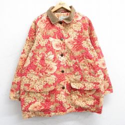 古着 エルエルビーン LLBEAN 長袖 ジャケット カバーオール レディース 00年代 00s 花 バラ 総柄 襟コーデュロイ 大きいサイズ ロング丈 ダック地 コットン 赤他 レッド 【spe】 25feb08 中古 アウター ジャンパー ブルゾン