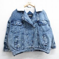 【50%OFF】古着 長袖 デニム ボア ジャケット レディース 90年代 90s ケミカルウォッシュ 大きいサイズ 紺 ネイビー 【spe】 25feb26 中古 アウター ジャンパー ブルゾン