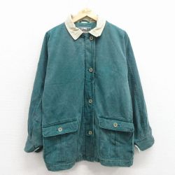 古着 EMS 長袖 ジャケット レディース 90年代 90s ダック地 襟コーデュロイ コットン 青緑 25dec17