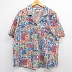 古着 半袖 シャツ レディース 80年代 80s 総柄 大きいサイズ 開襟 オープンカラー  USA製 ネイビー他 26may15
