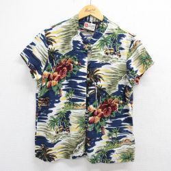 古着 半袖 ハワイアン シャツ レディース ヤシの木 レーヨン ノーカラー ハワイ製 ネイビー 26may15