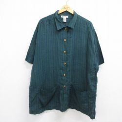 古着 エディーバウアー 半袖 シャツ レディース 00年代 00s 大きいサイズ ロング丈 リネン グリーン他 ストライプ【spe】 26may15