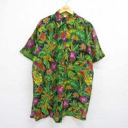 古着 半袖 ハワイアン シャツ レディース 80年代 80s ハイビスカス 鳥 大きいサイズ ロング丈 グリーン 26may15