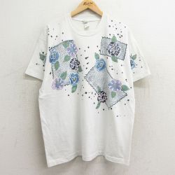 【50%OFF】古着 半袖 ビンテージ Tシャツ レディース 90年代 90s 花 ハンドペイント 大きいサイズ クルーネック USA製 白 ホワイト 24mar16 中古