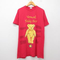 古着 半袖 ビンテージ Tシャツ レディース 90年代 90s クマ テディベア ロング丈 コットン クルーネック USA製 赤 レッド 25may08 中古