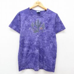 古着 半袖 ビンテージ Tシャツ レディース 90年代 90s サボテン ラインストーン コットン クルーネック USA製 紫他 パープル タイダイ 25may08 中古