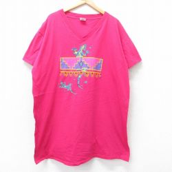 古着 半袖 ビンテージ Tシャツ ワンピース レディース 90年代 90s トカゲ 大きいサイズ ロング丈 コットン Vネック USA製 濃ピンク 25sep01 中古