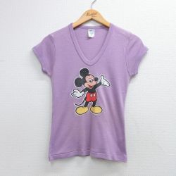 古着 半袖 ビンテージ Tシャツ レディース 80年代 80s ディズニー ミッキー Vネック USA製 紫 26may07